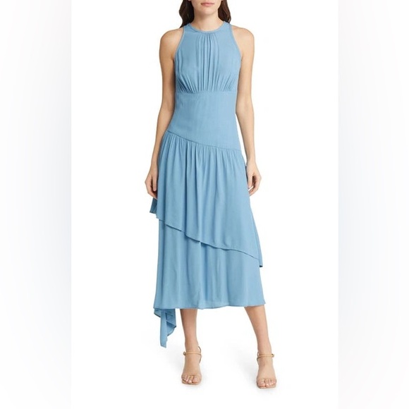 Sleeveless Tiered Asymmetric Midi Dress In Blue Heaven - Picture 1 of 2